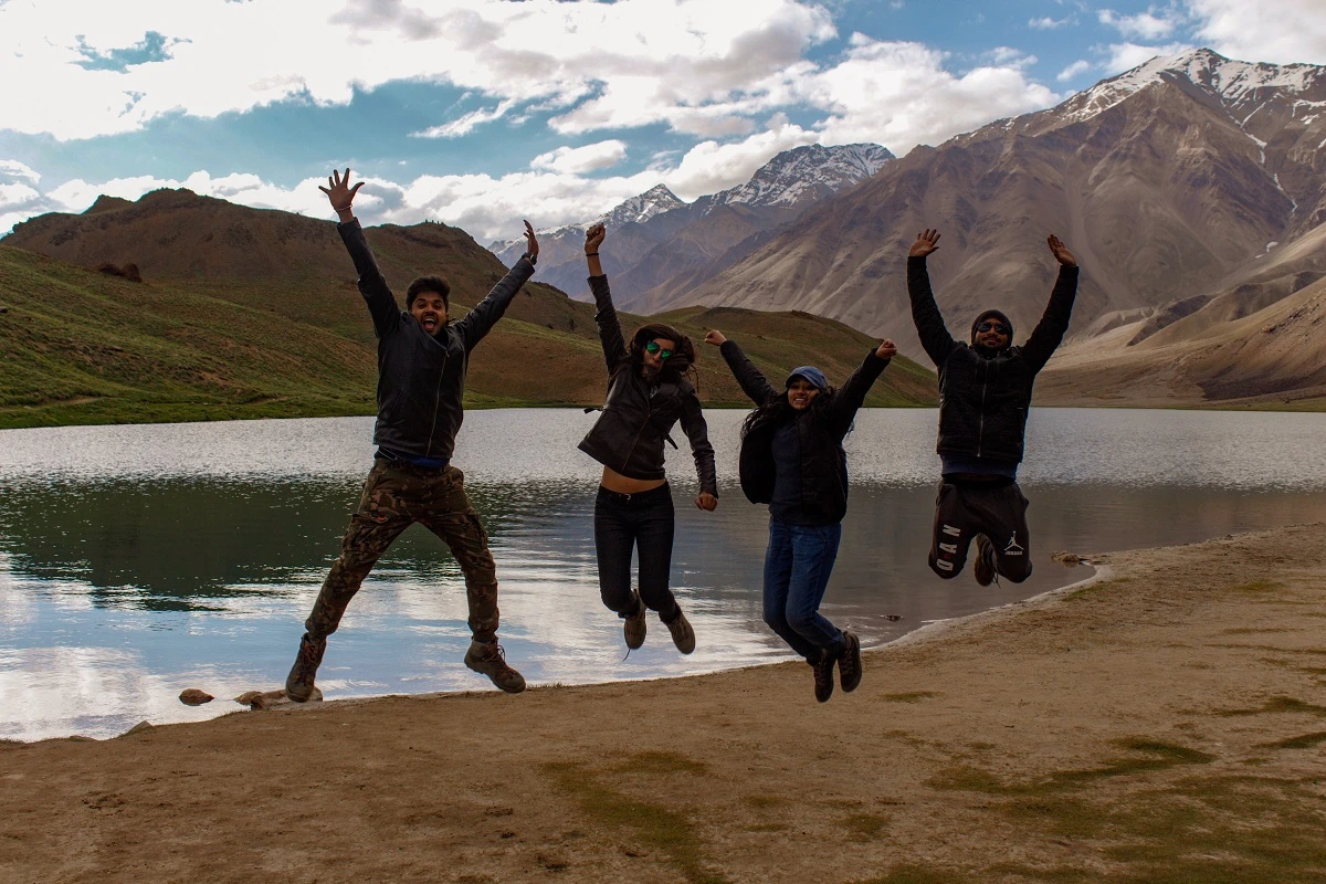 Trek group with Himalayan backdrop